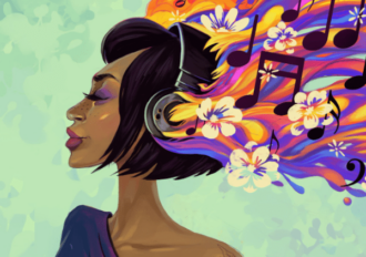 Illustration of a woman with flowery bright hair and headphones.